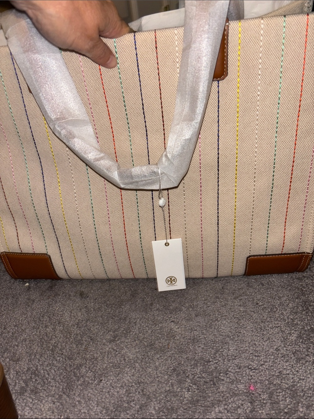 Tory Burch Cream Canvas Tote with Multicolor Logo and Stripes - Picture 3 of 8